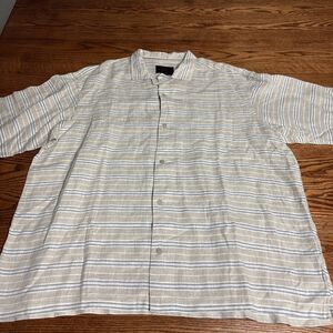 Jos A. Bank Reserve LINEN Shirt Mens XXLarge Beige Stripe Button Up Short Sleeve